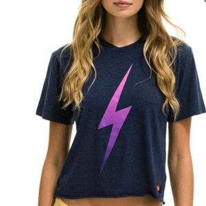 Aviator Nation Blue Crop Top with Purple Lightning Bolt